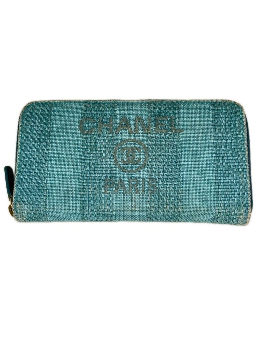 Chanel Deauville Striped Zip Around Wallet Turquoise Green Card